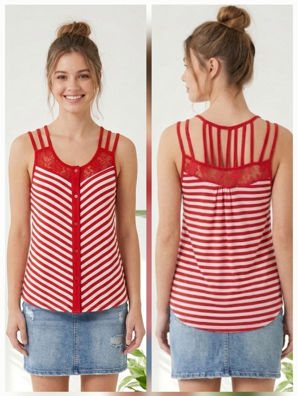 Lily Morgan Striped Tank Top, Lace Trim & Strappy Back Details, Size M